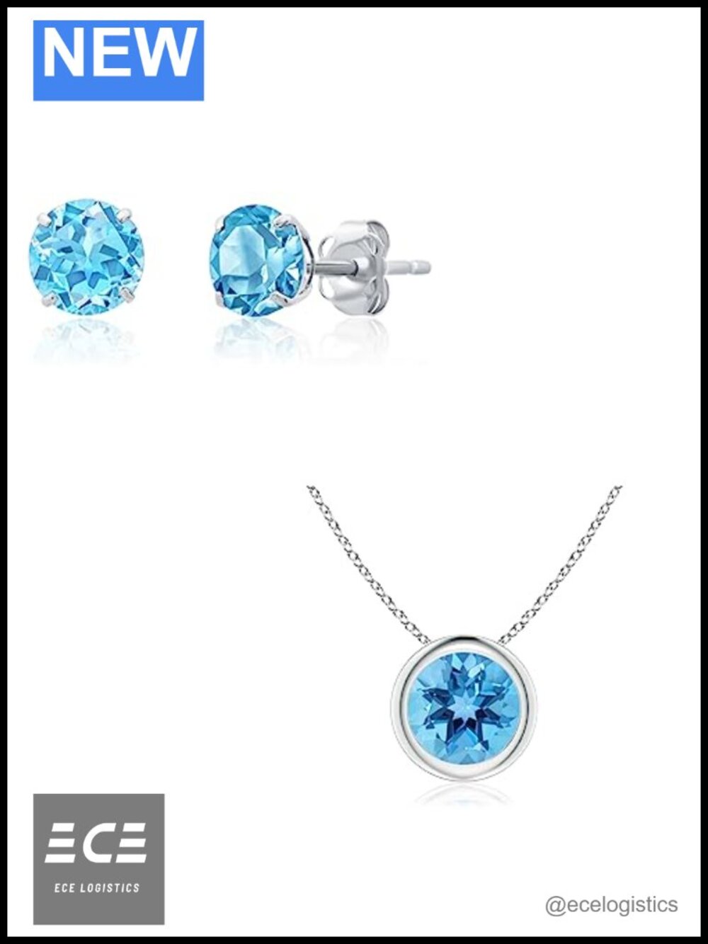 14k White Gold Blue Topaz Round Stud Earrings & Pendant Necklace Set